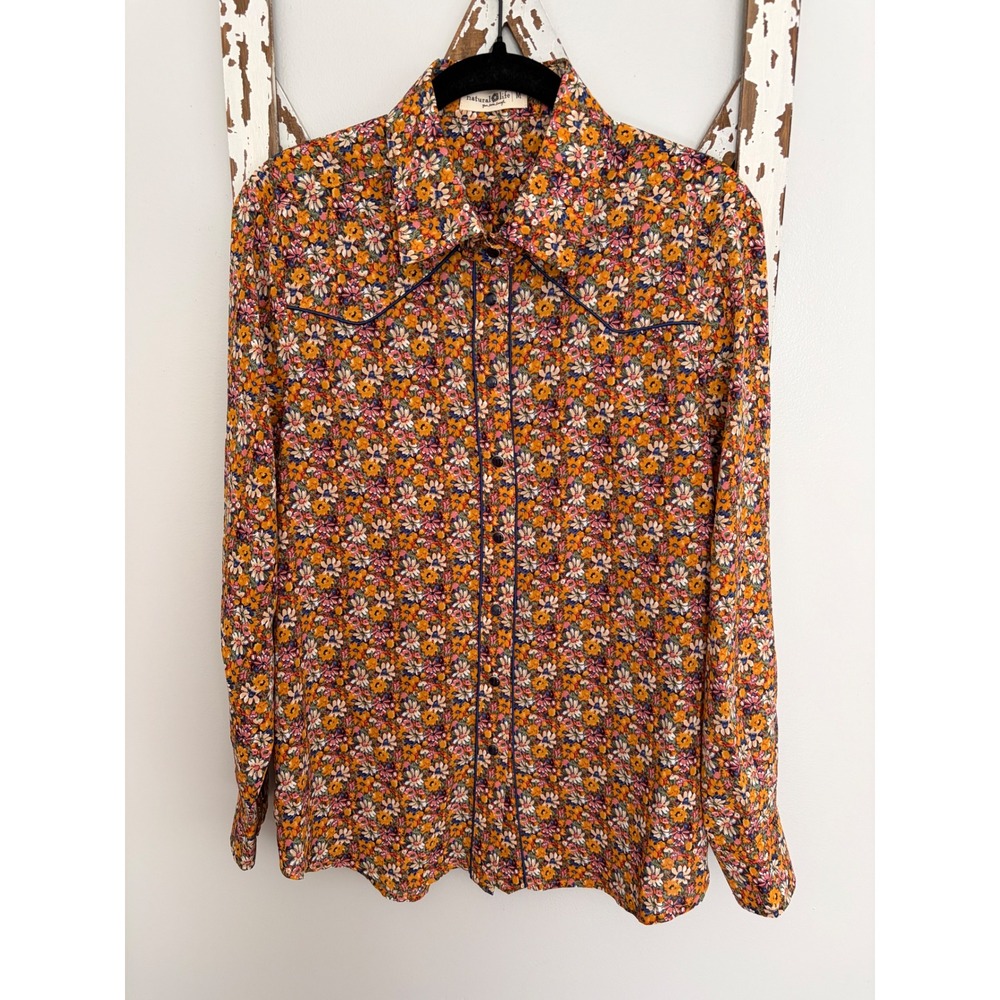 Natural Life Shirt Size Medium Ditzy Floral Western Long Sleeve Pearl Snap